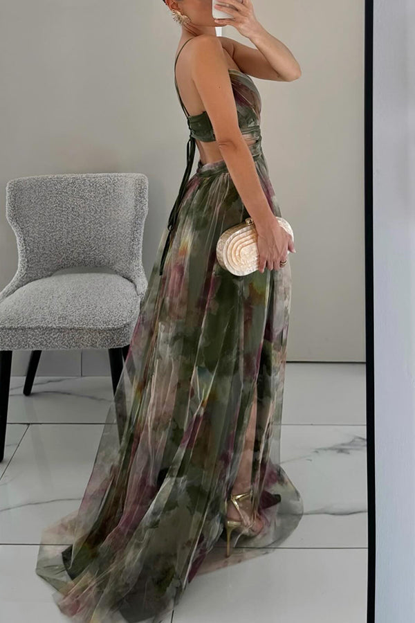 Vestido maxi Celeste para mulheres | Vestido de chiffon arejado com estampa floral e alças ajustáveis