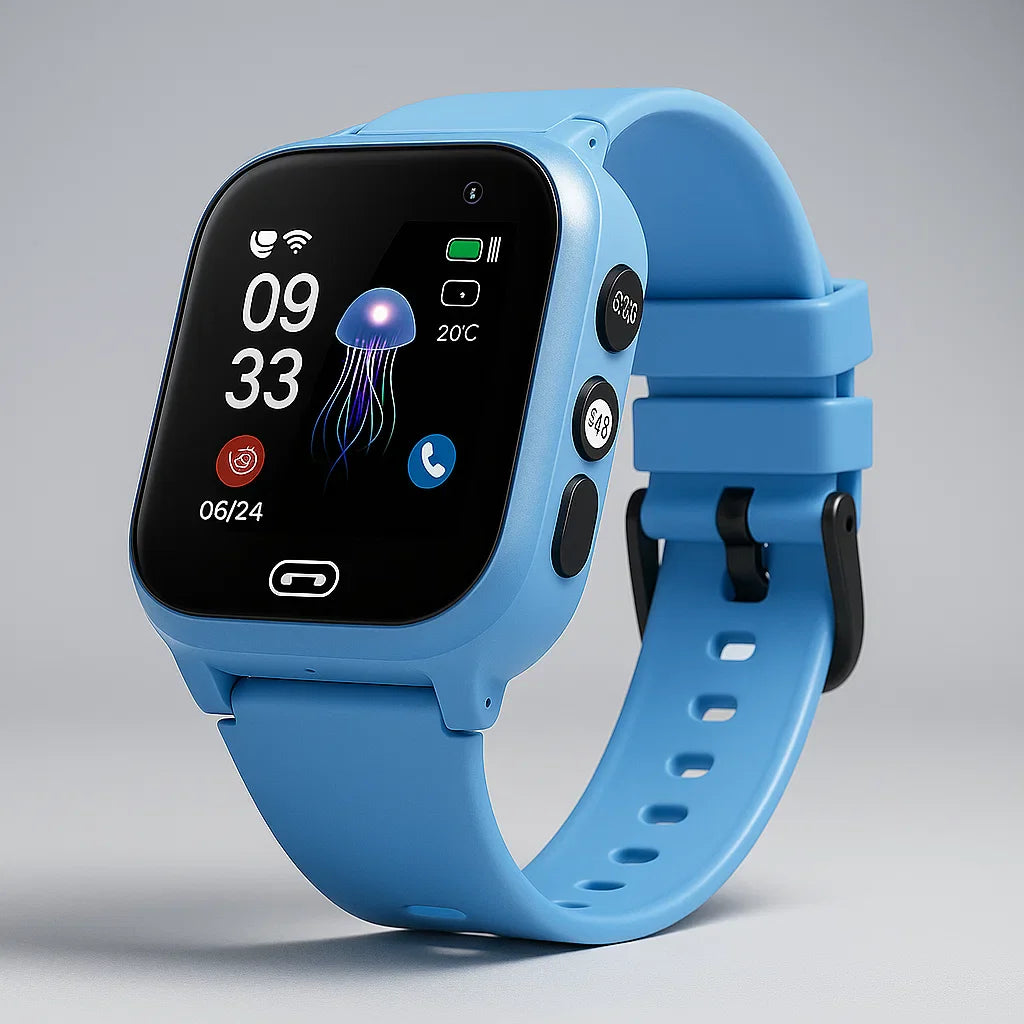 Blå smartwatch med rektangulær skærm, viser tid, vejr og opkaldsnotifikationer. Moderne design, velegnet til fitness og daglig brug.