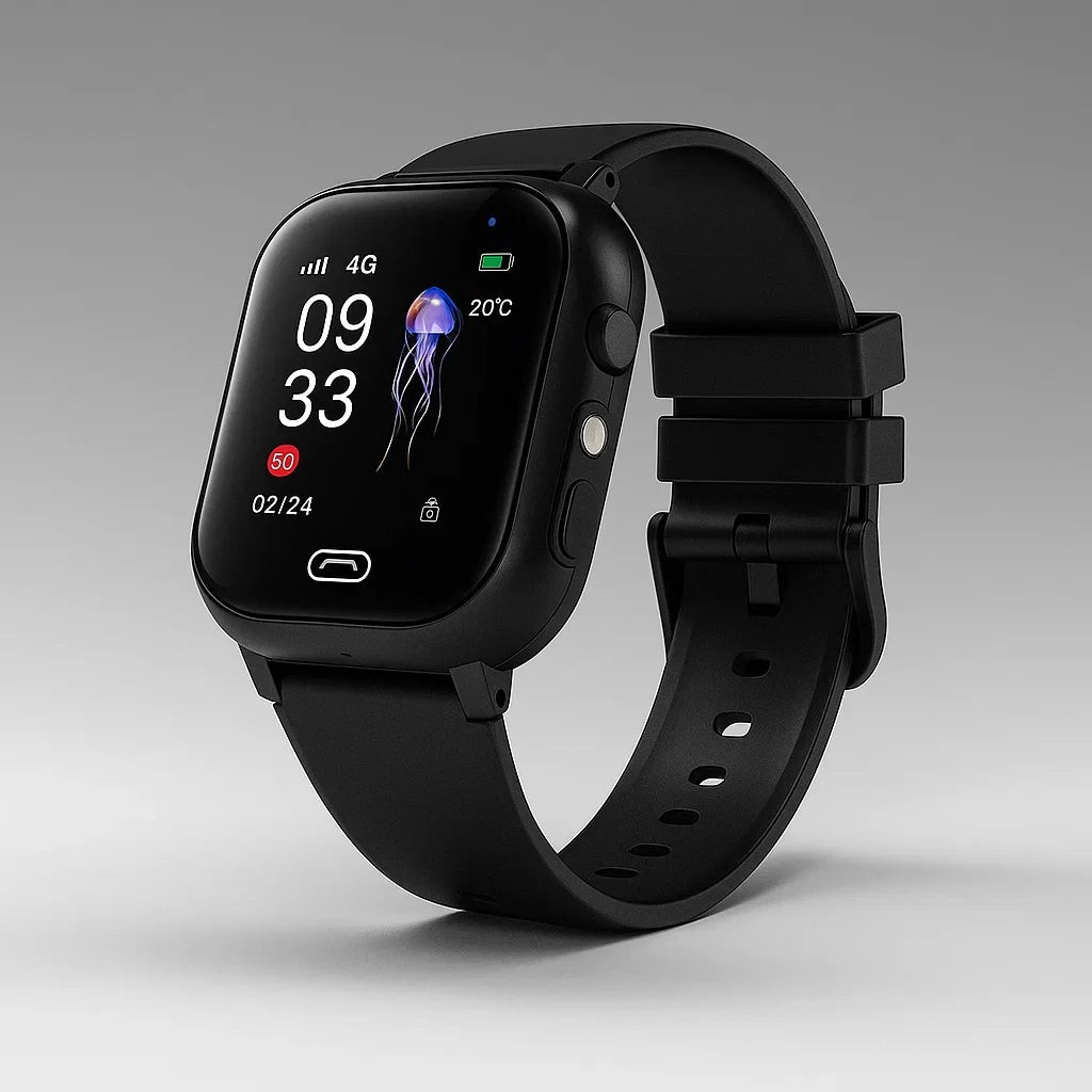Sort smartwatch med rektangulær skærm, viser tid og dato, 4G og temperatur. Moderne design, silikonerem, ideel til fitness og sundhedsovervågning.