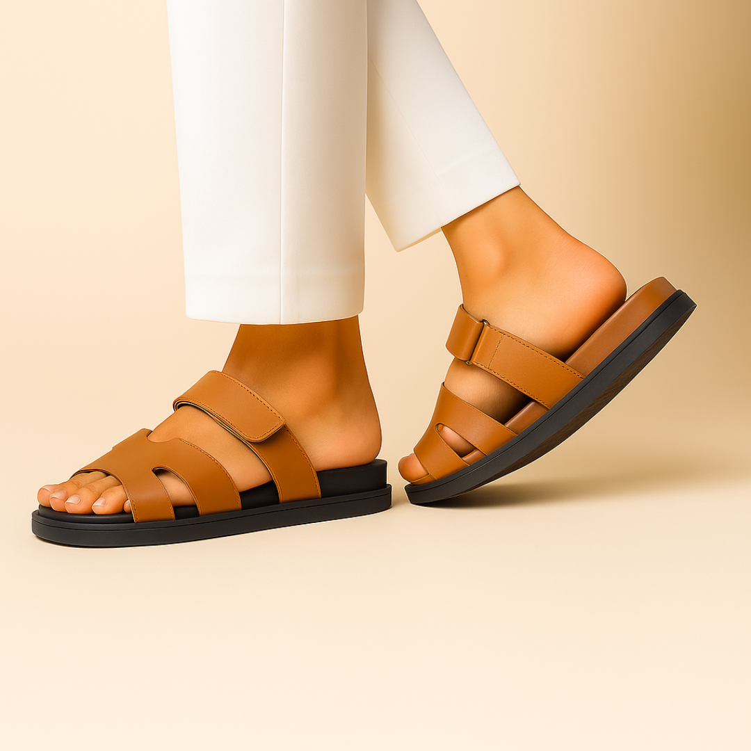 Brune lædersandaler med sorte såler på kvindefødder, iført hvide bukser. Moderne fodtøj, komfortabel stil, sommermode.