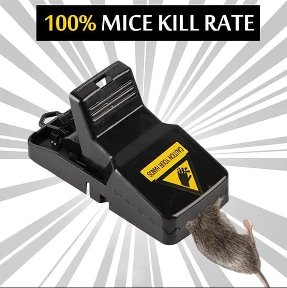 Sort musefælde med en død mus, fremhævet med teksten "100% Mice Kill Rate". Effektiv skadedyrsbekæmpelse, hurtig og sikker musefælde.