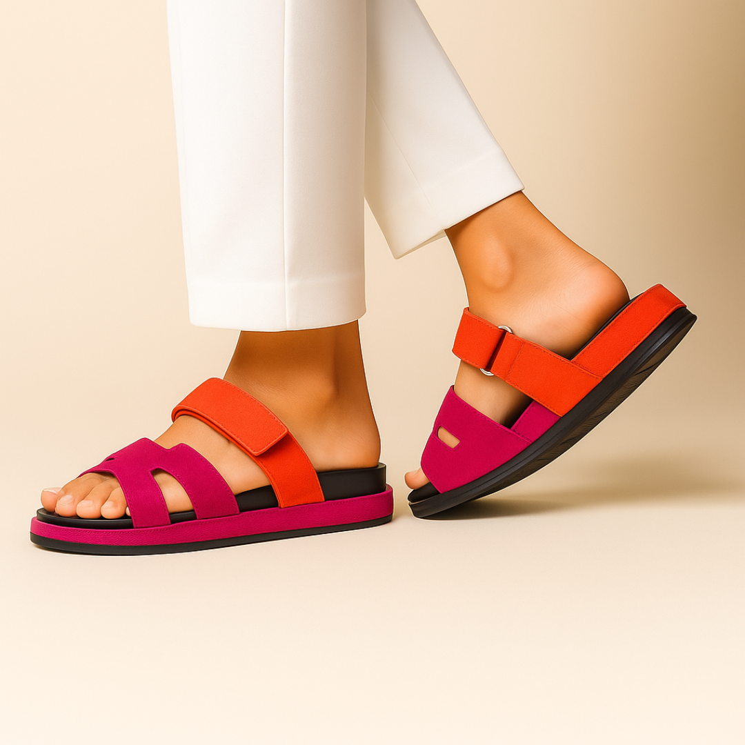 Dameben iført moderne, farverige sandaler med velcrolukning, rød og pink design, på beige baggrund. Komfortable sommersko til kvinder.