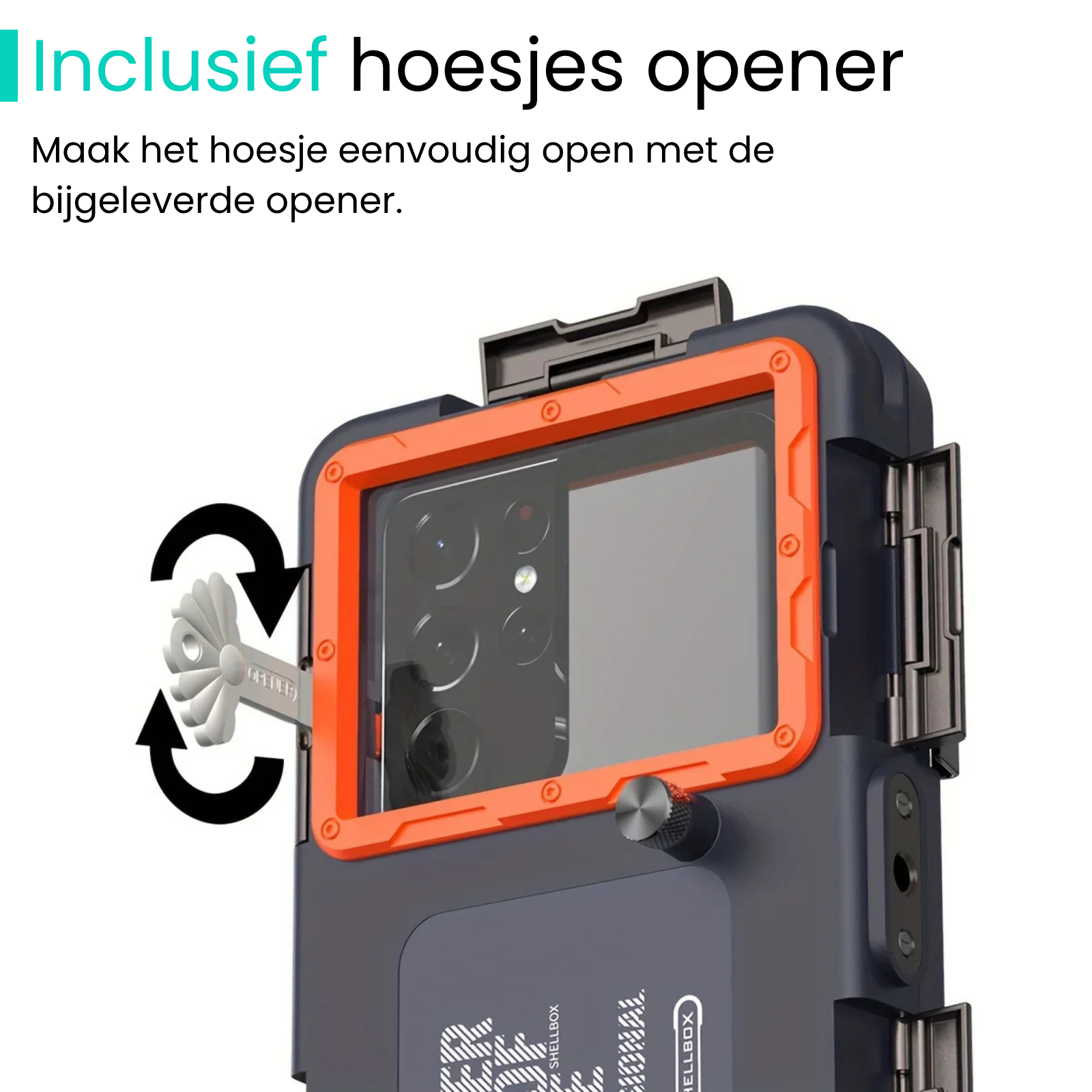 Robust vandtæt smartphone-etui med orange kant og indbygget kameraåbning. Inkluderer praktisk åbner til nem adgang.