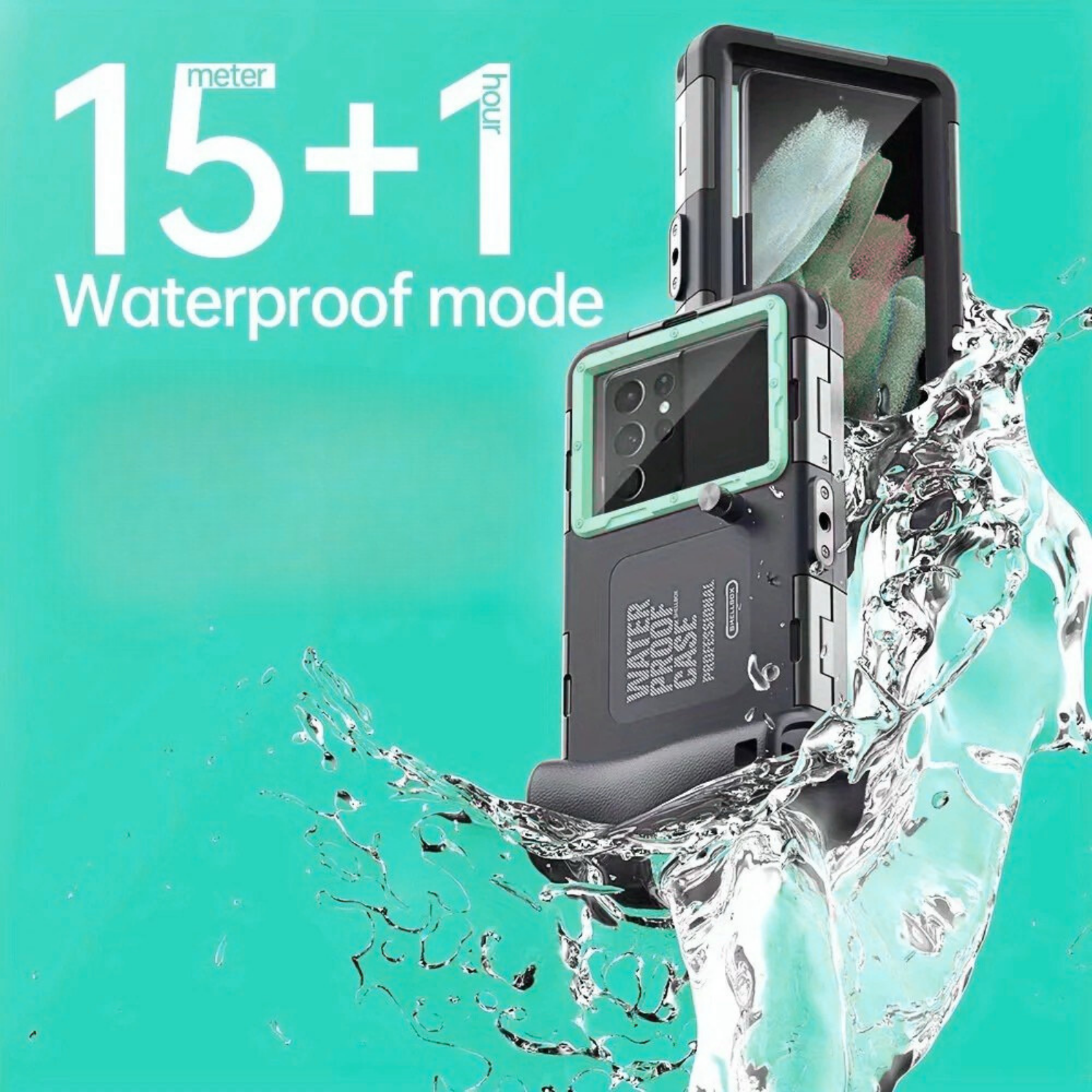 Vandtæt mobilcover til Samsung Galaxy, 15+1 meter dybde, beskytter mod vand og stød. Ideel til udendørs brug og undervandsfotografering.