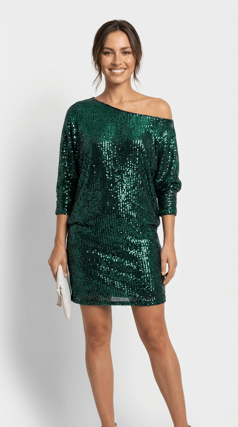 Elegantné minišaty s odhalenými ramenami, flitrami a dlhými rukávmi