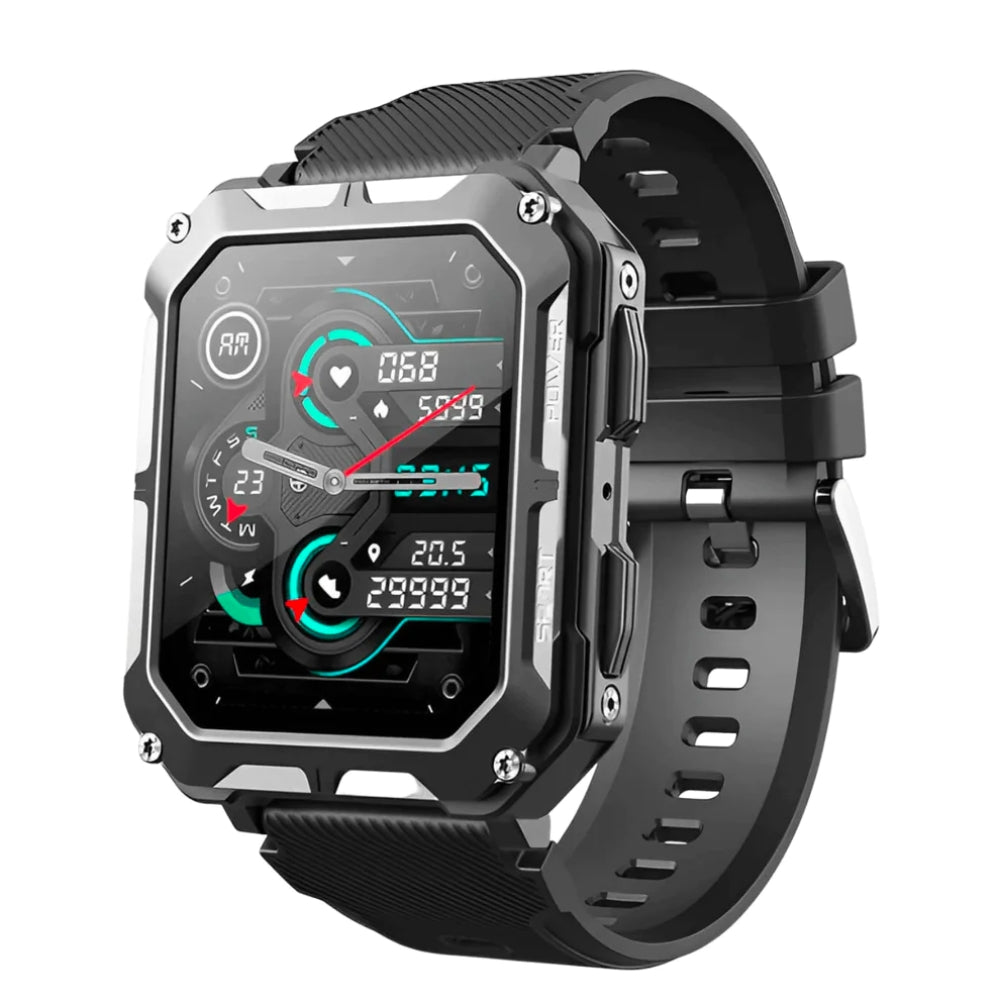 Robust smartwatch med rektangulær skærm, sort silikonerem, avancerede fitnessfunktioner, pulsmåler og GPS. Ideel til sport og udendørs aktiviteter.