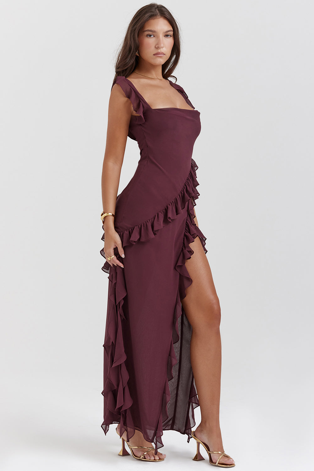 Vestido feminino elegante de Ariella com babados e design arejado | Festivo e figura lisonjeira