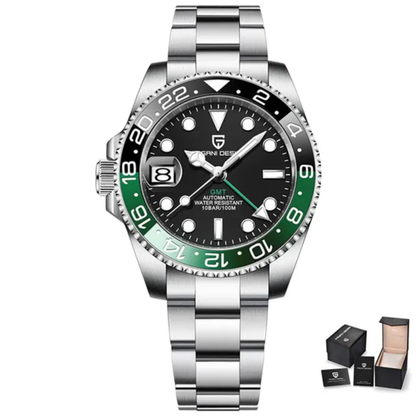 Sølvfarvet herreur med sort og grøn urskive, GMT-funktion, automatisk urværk, vandtæt op til 100 meter. Inkluderer gaveæske.