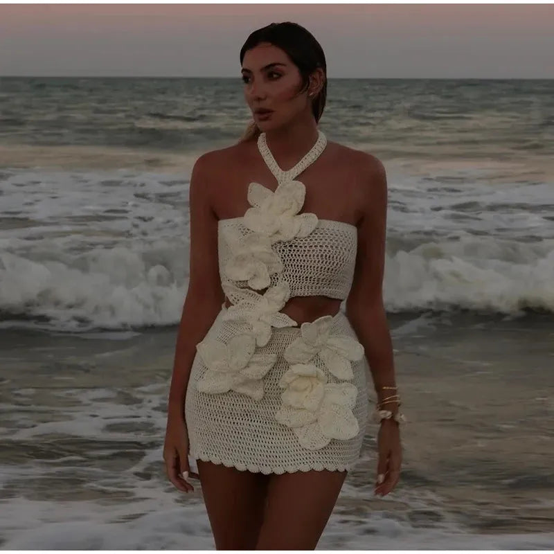 Bloom | Boho πλεκτό καλοκαιρινό φόρεμα για γυναίκες με σχέδιο λουλουδιών - αέρινο και κομψό