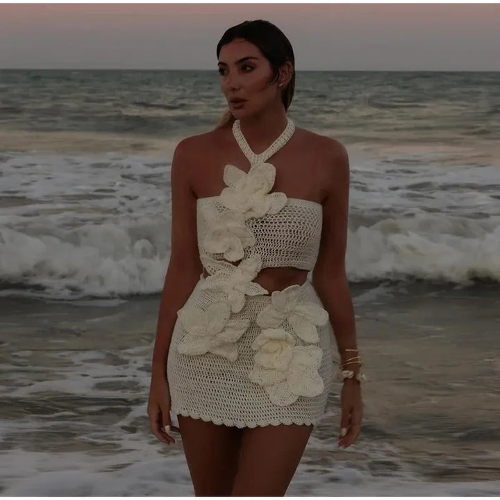 Bloom | Boho πλεκτό καλοκαιρινό φόρεμα για γυναίκες με σχέδιο λουλουδιών - αέρινο και κομψό