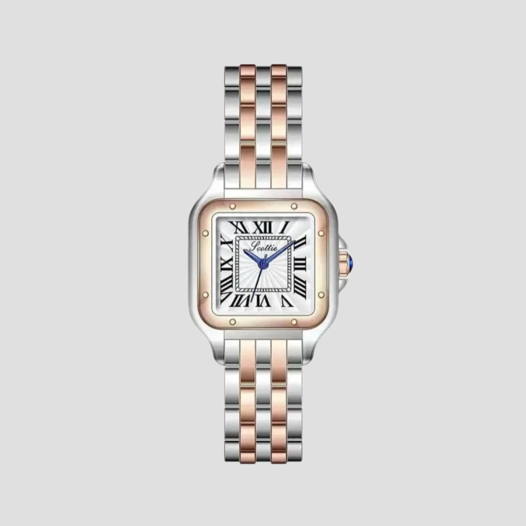 Sølv og rosaguld armbåndsur med romertal, kvadratisk urskive og blå visere. Elegant design, luksus herreur, tidløs stil.