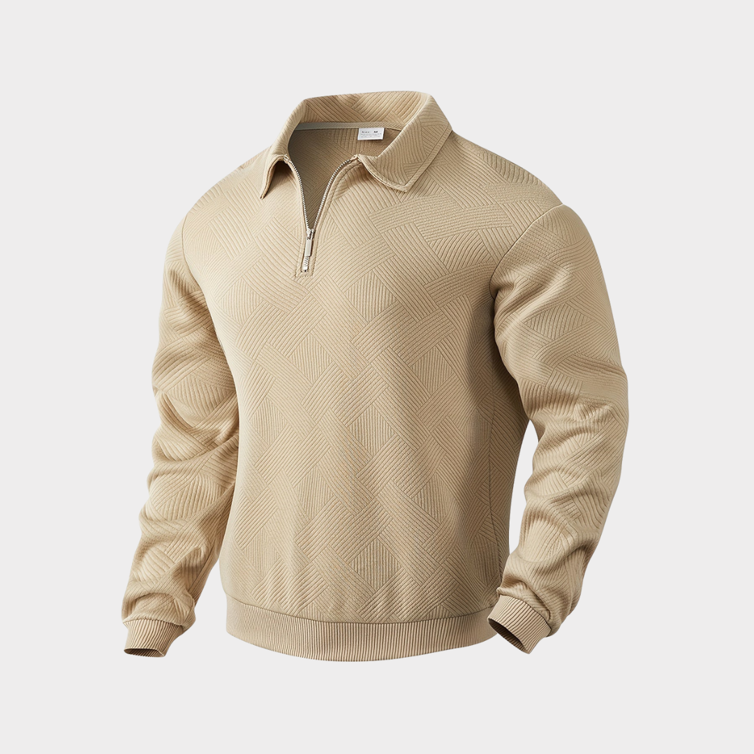 Beige herretrøje med lynlås og mønster, langærmet og stilfuld. Perfekt til efterårsmode og casual outfits. Komfortabelt og moderne design.