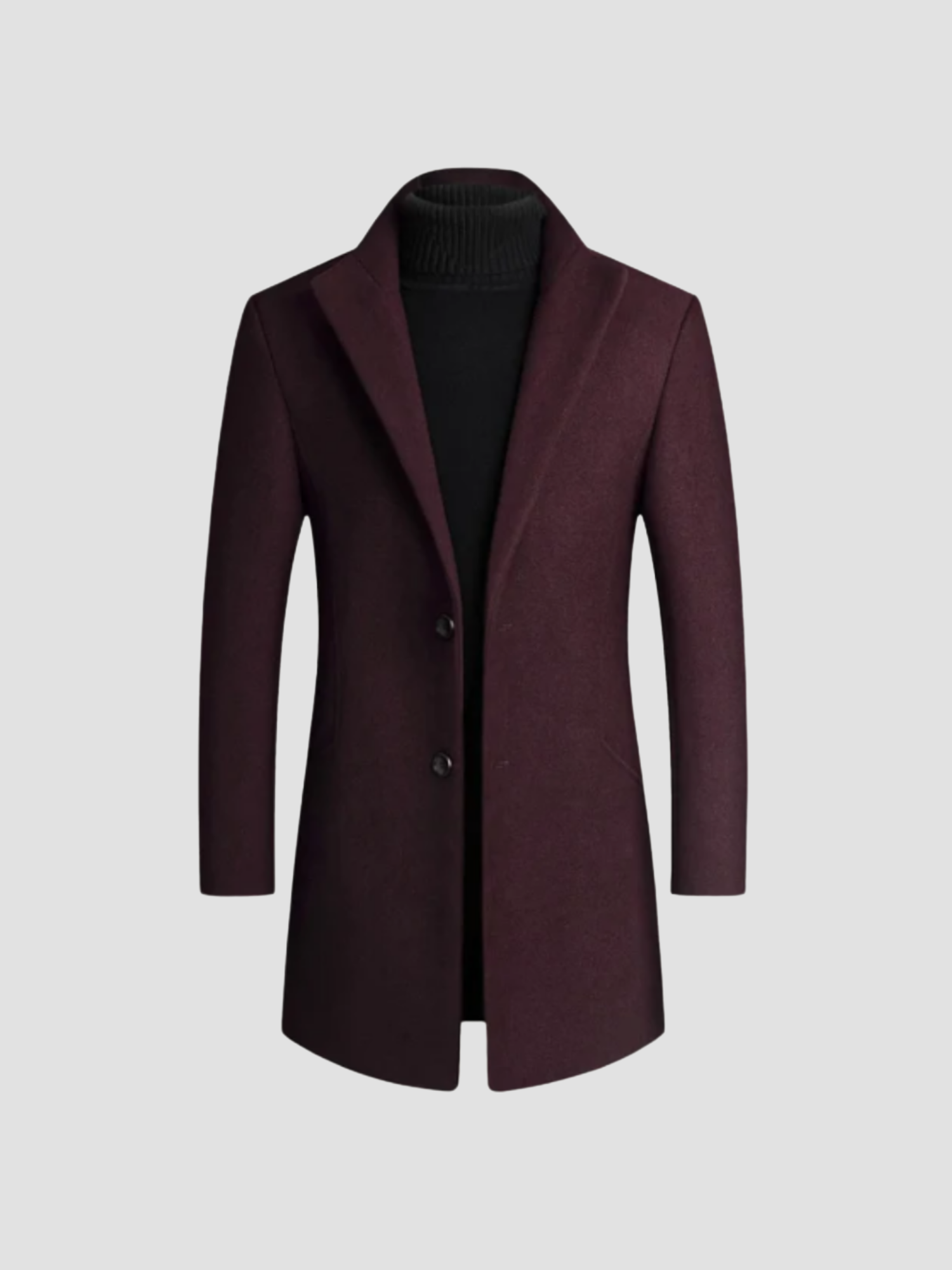 Bordeaux herrefrakke med to knapper og sort rullekrave. Elegant vinterjakke til mænd, stilfuldt design, perfekt til formelle anledninger.