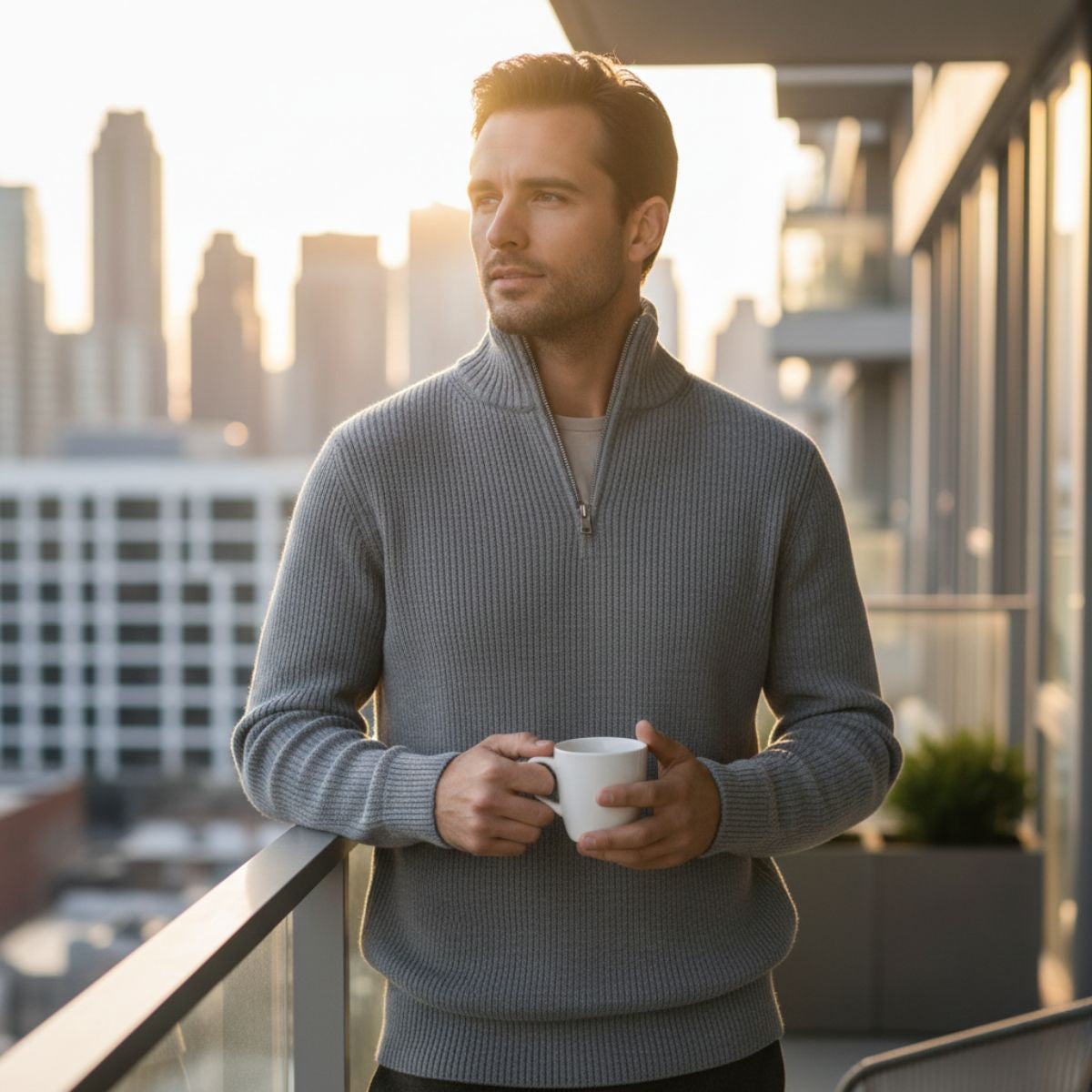En mand står på en altan med en kop kaffe, iført en grå sweater, med en byudsigt i baggrunden ved solnedgang. Urban livsstil, afslapning.