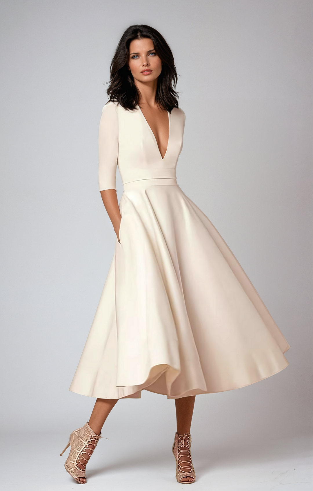 Robe midi pour femmes avec encolure en V et élégante ondulation dans la jupe