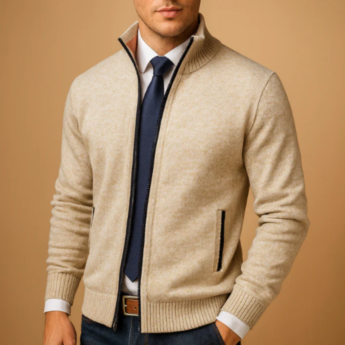 Mand iført beige cardigan, hvid skjorte og mørkeblå slips. Stilfuldt herretøj, moderne mode, elegant look. Perfekt til kontor eller formelle lejligheder.