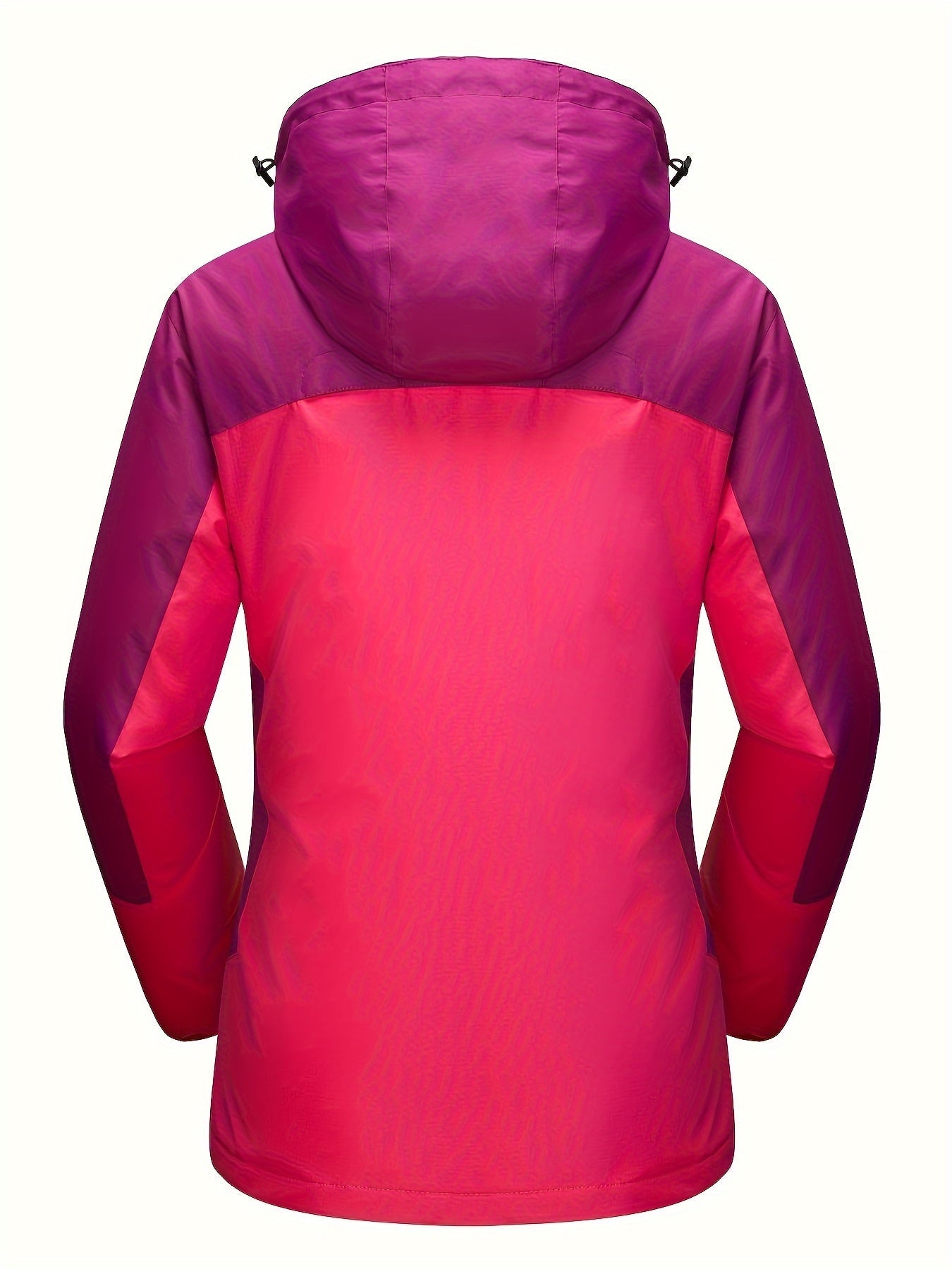 Rød og pink damevinterjakke med hætte, vandtæt og vindtæt design, ideel til udendørs aktiviteter. Perfekt til vintermode og friluftsliv.