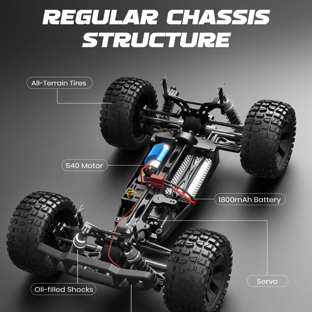 RC bil chassis med all-terrain dæk, 540 motor, 1800mAh batteri, oliefyldte støddæmpere og servo. Robust konstruktion til off-road kørsel.