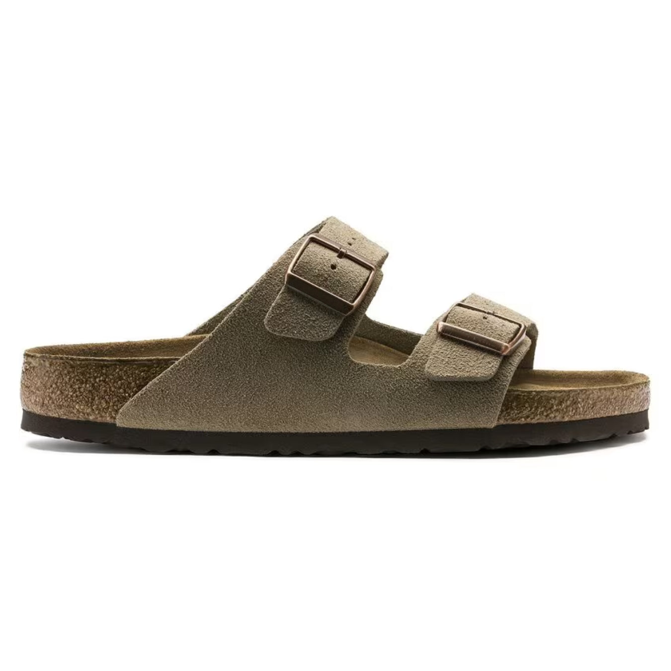 Brun Birkenstock sandal med to justerbare remme og korksål, komfortabel fodtøj til mænd og kvinder, ideel til sommerbrug.