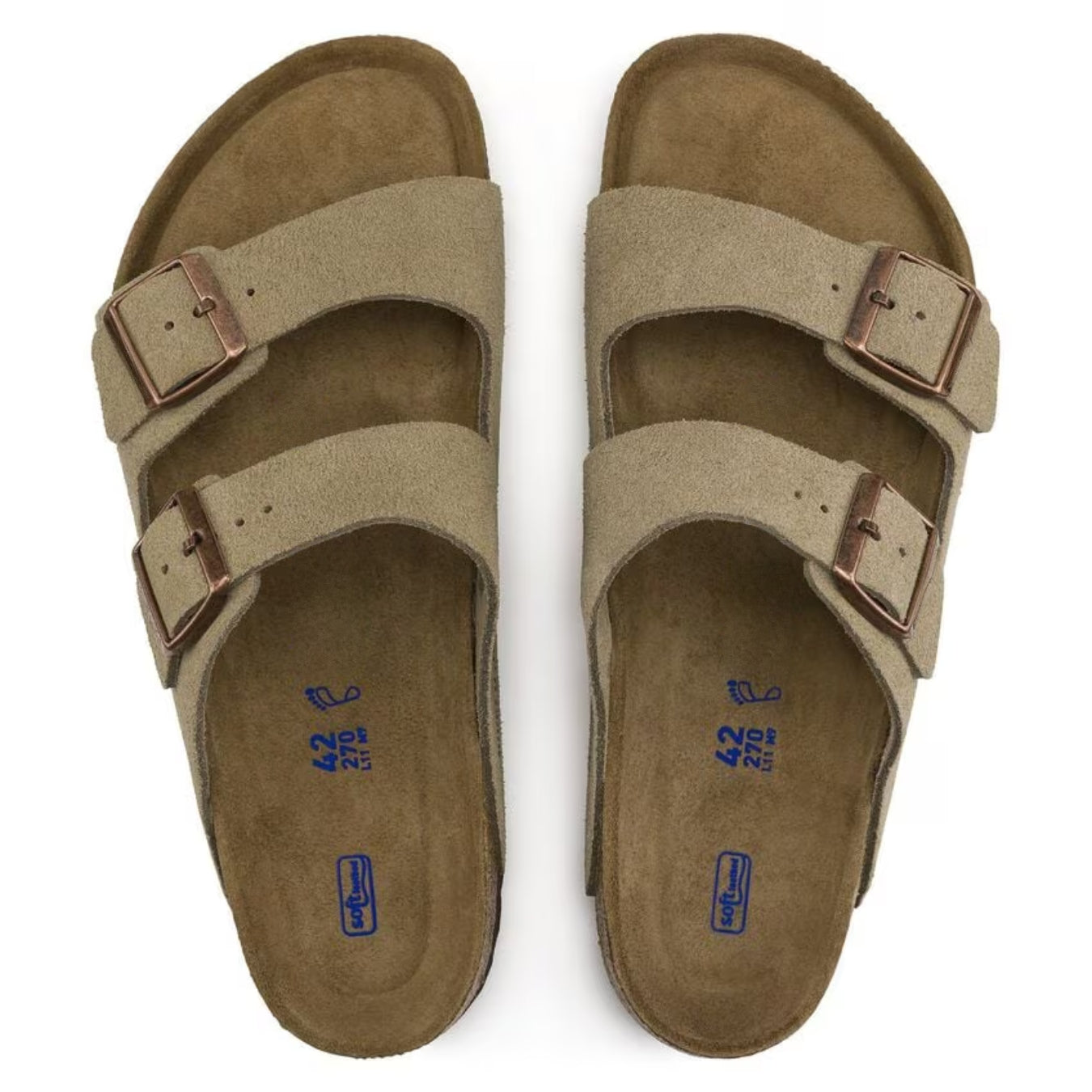 Beige Birkenstock sandaler med to justerbare remme og brun sål, størrelse 42. Komfortable og stilfulde sko til hverdagsbrug.