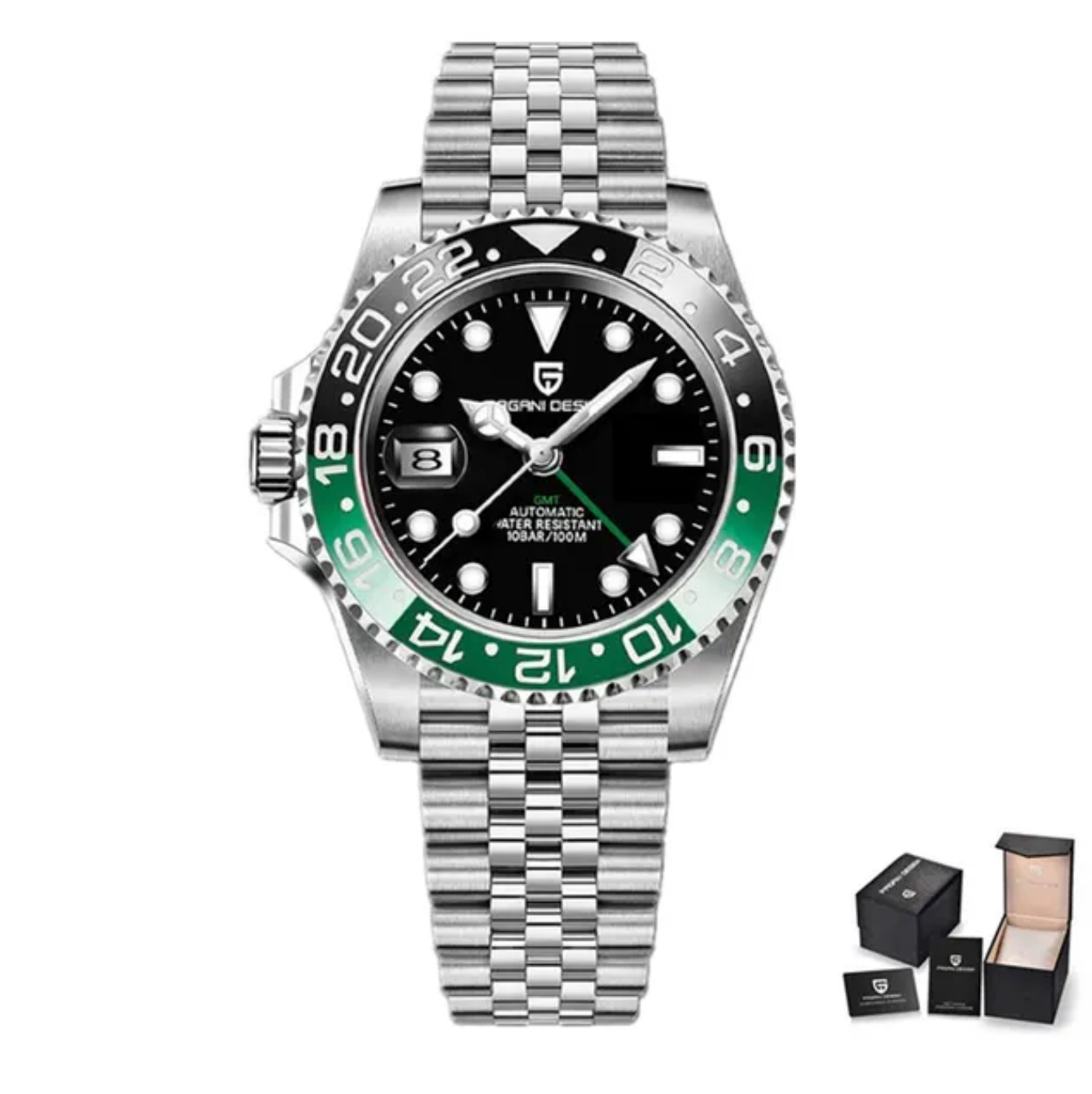 Luksuriøs herreur i rustfrit stål med sort og grøn urskive, datovisning, automatisk mekanisme, vandtæt. Inkluderer elegant gaveæske.