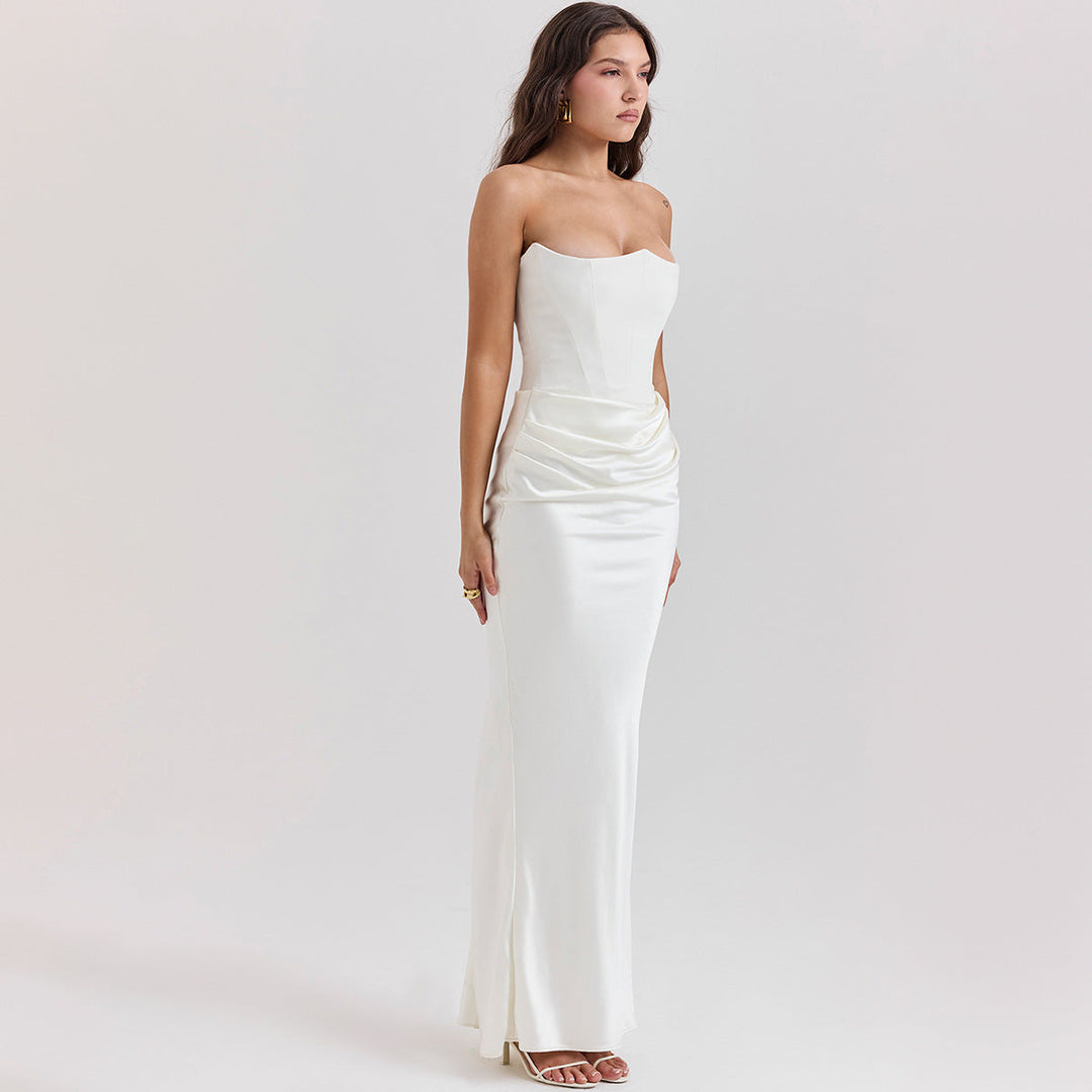 Vestido corselet Emilia para mulheres | Vestido de festa tomara que caia em veludo com padrão espinha de peixe e corte justo