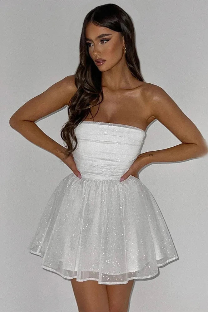 Nayla vestido curto sem alças com glitter e lantejoulas | Look elegante para festas em ocasiões especiais