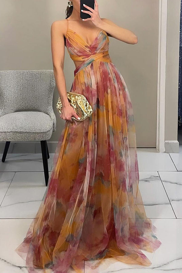 Vestido maxi Celeste para mulheres | Vestido de chiffon arejado com estampa floral e alças ajustáveis