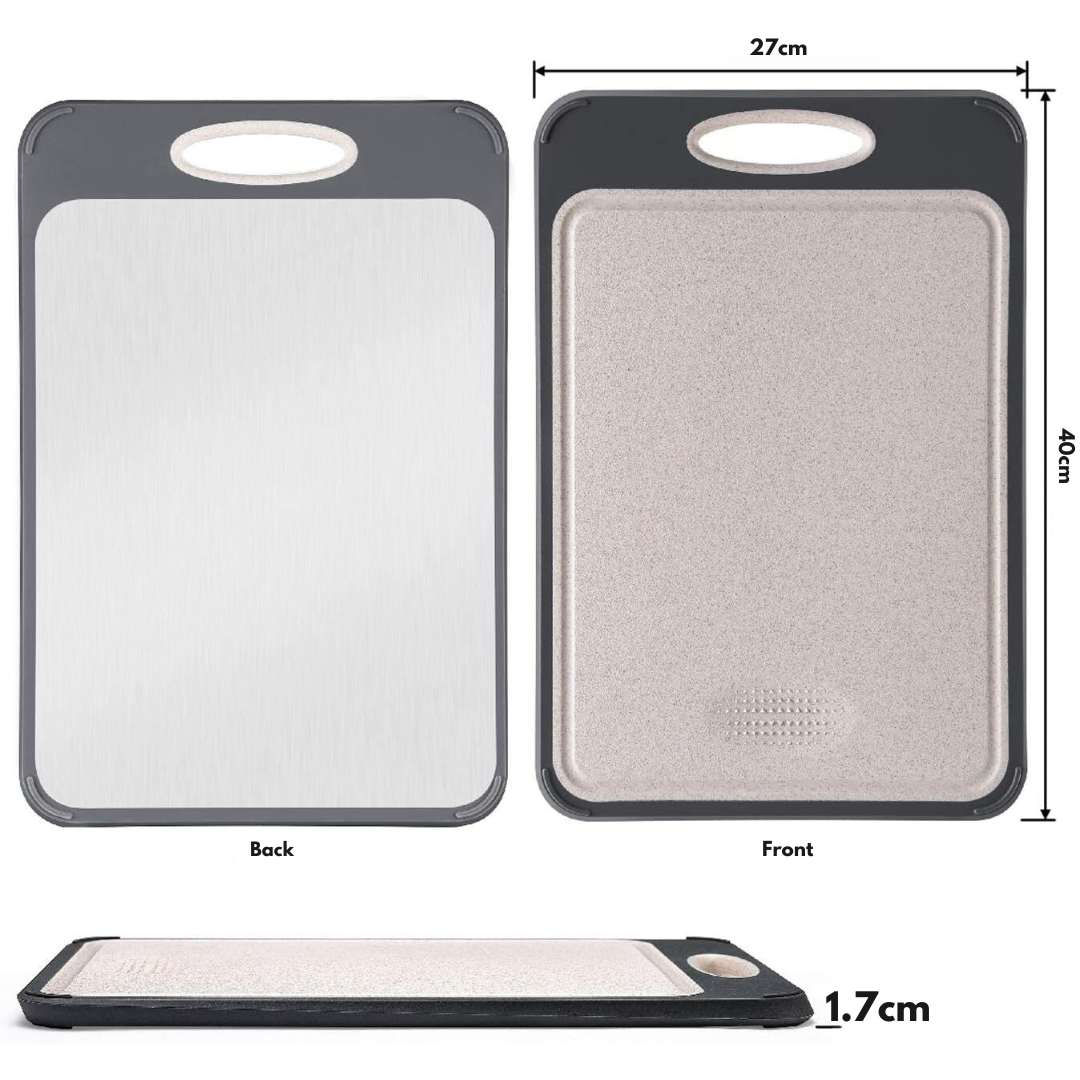 Skærebræt i plast, 40x27 cm, vendbart design med håndtag. Perfekt til køkkenbrug, holdbart og let at rengøre. Tykkelse: 1,7 cm.