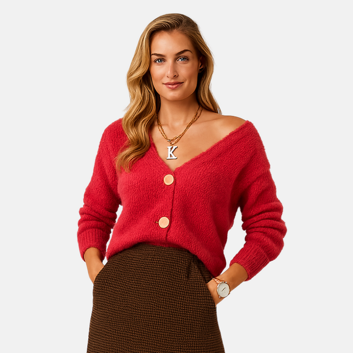 Πλεκτή ζακέτα για γυναίκες | Φαρδιά ζακέτα με βαθύ V-λαιμόκοψη και κομψά κουμπιά