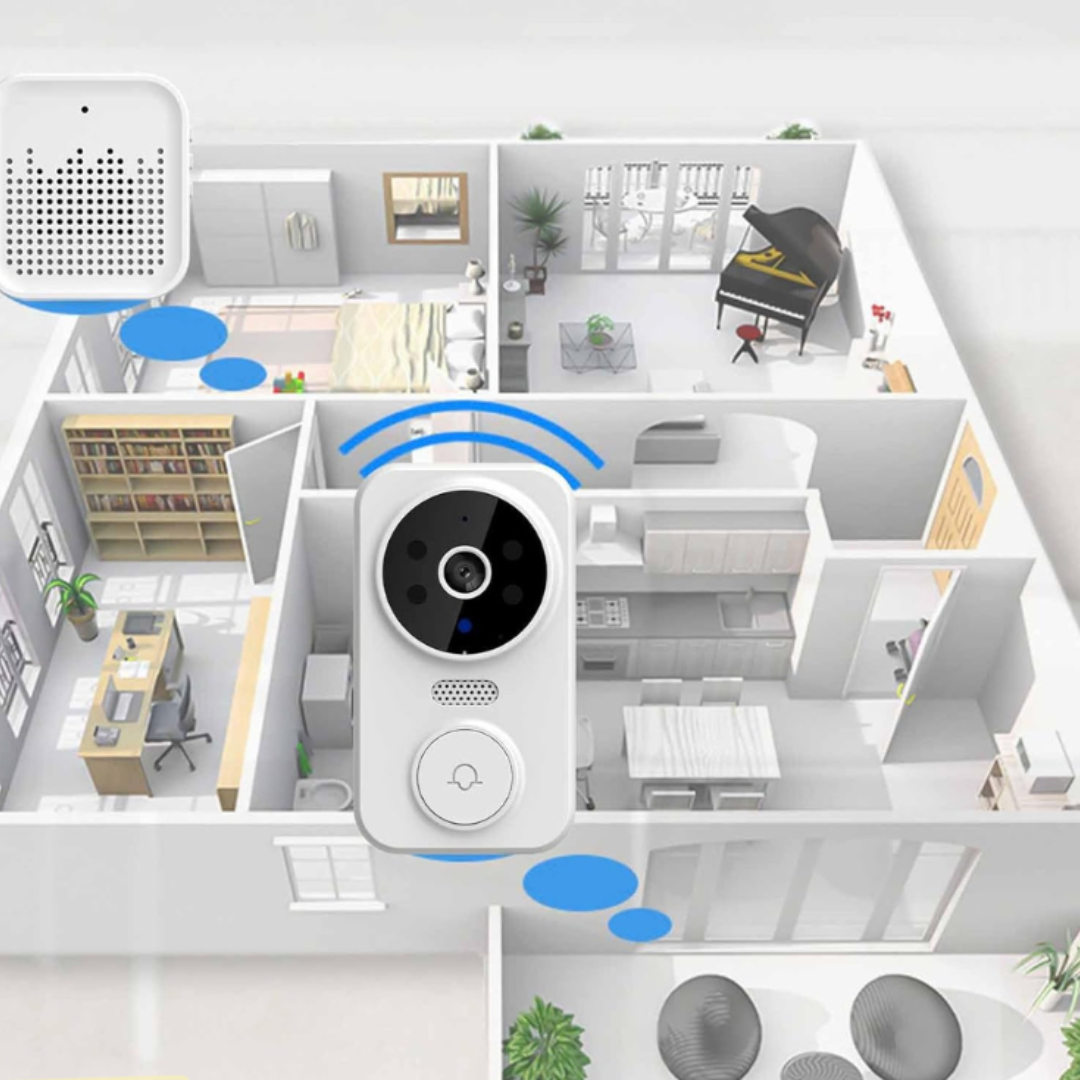 Smart dørklokke med kamera og WiFi, monteret på væg, viser interiør af moderne hjem. Sikkerhedsteknologi, trådløs overvågning, smart home.