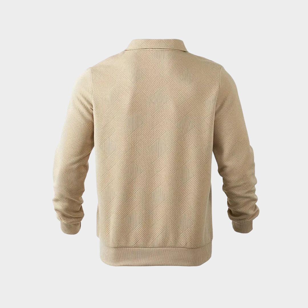 Beige striktrøje med geometrisk mønster, lange ærmer og ribkanter. Stilfuldt design til mænd, perfekt til efterår og vinter. Komfortabel og moderne.
