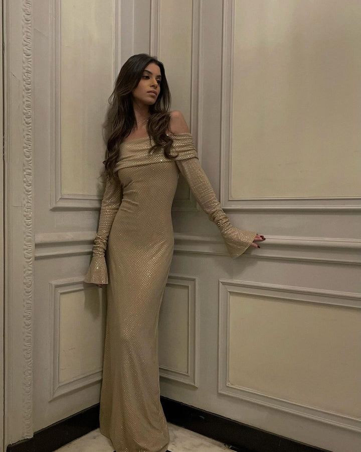 Luna - Trblietavé maxi šaty s odhalenými ramenami