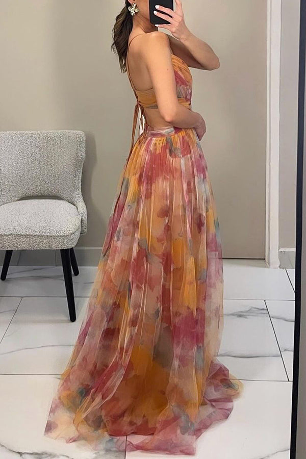 Vestido maxi Celeste para mulheres | Vestido de chiffon arejado com estampa floral e alças ajustáveis