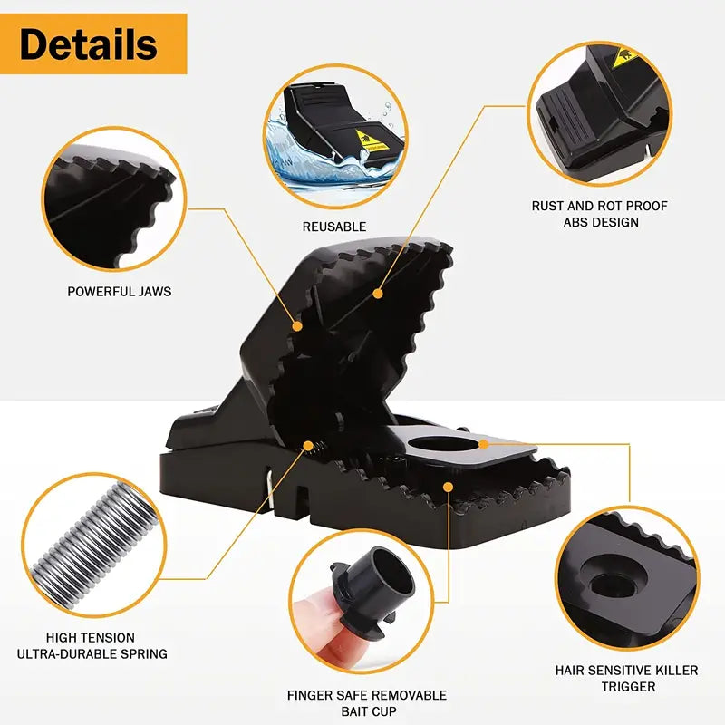 Sort musefælde med kraftige kæber, rustfri ABS-design, genanvendelig, hårfølsom udløser, finger-sikker agnskål, ultra-holdbar fjeder.