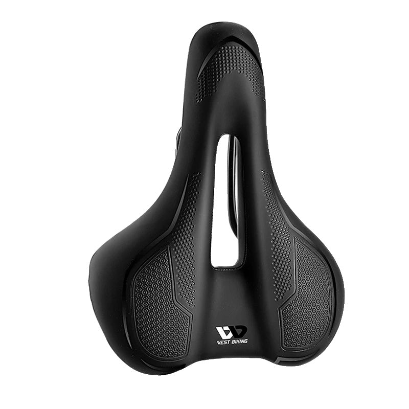 Sort cykelsadel med ergonomisk design og ventilationshul, ideel til komfortabel cykling. Perfekt til mountainbikes og racercykler.