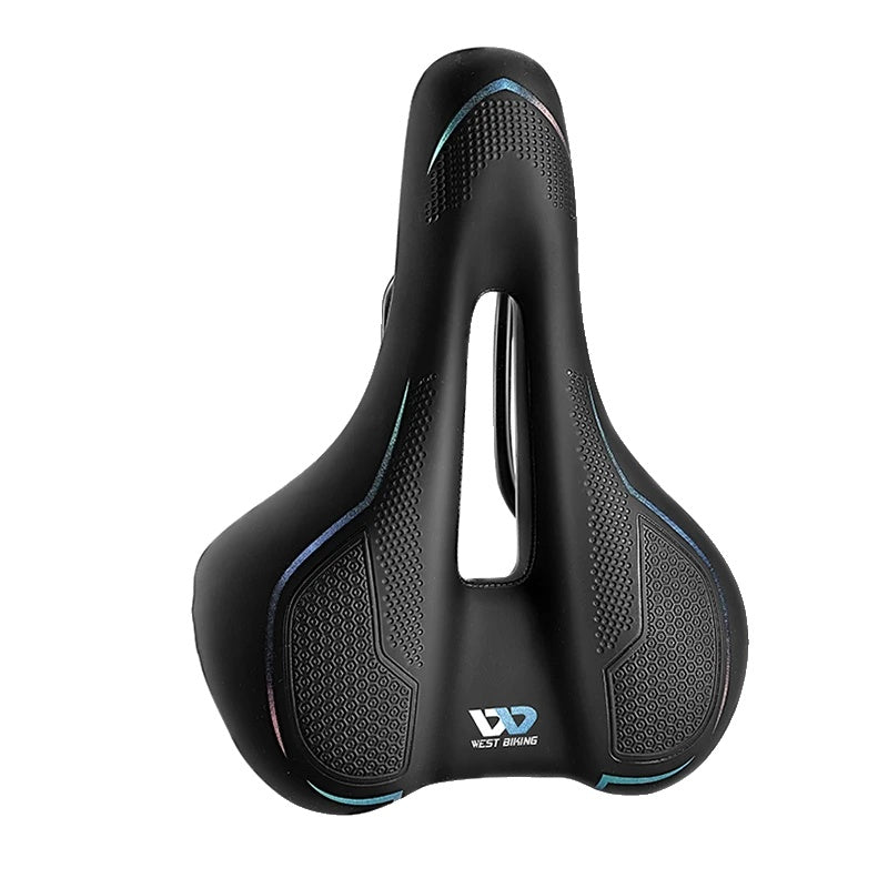 Sort cykelsadel med ergonomisk design, ventilationshul og polstring. Perfekt til komfortabel cykling. Velegnet til mountainbikes og racercykler.