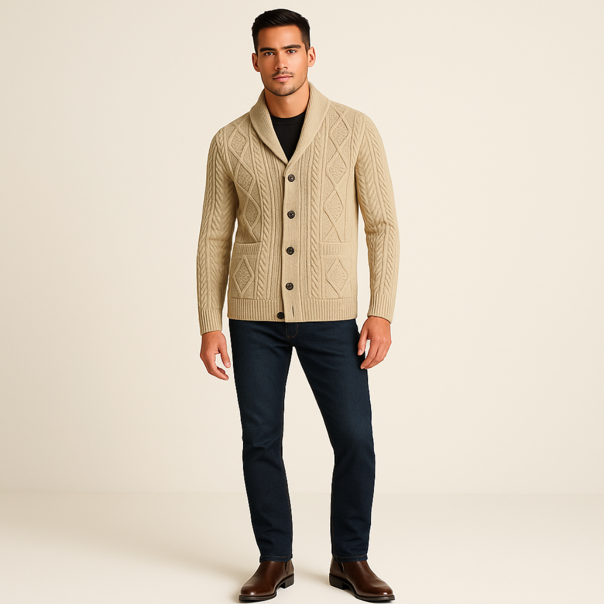 Mand iført beige cardigan med kabelstrik, sorte bukser og brune støvler. Moderne herremode, stilfuldt vinteroutfit, casual elegance.