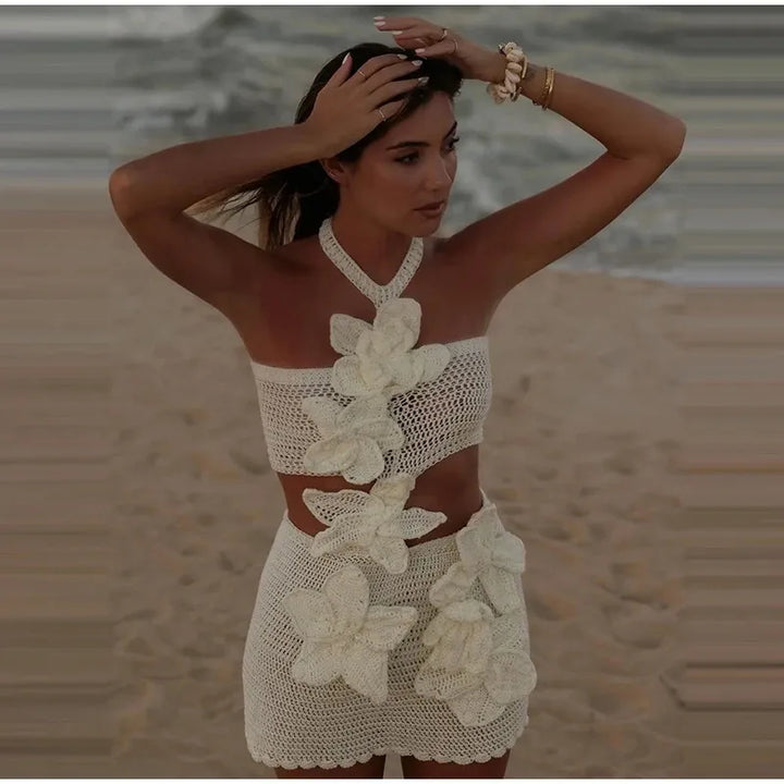 Bloom | Boho πλεκτό καλοκαιρινό φόρεμα για γυναίκες με σχέδιο λουλουδιών - αέρινο και κομψό