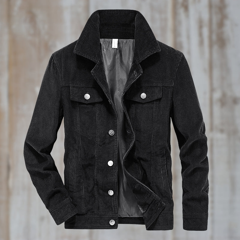 Sort fløjlsjakke til mænd med knapper, klassisk design, langærmet, velegnet til efterår og vinter. Perfekt til stilfuldt og varmt herretøj.