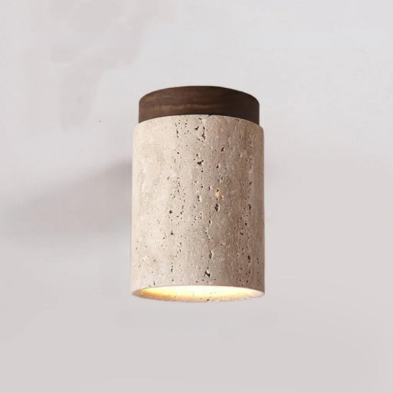 Moderne cylinderformet loftlampe i beton med trædetaljer, minimalistisk design, indendørs belysning, skandinavisk stil, energibesparende LED.