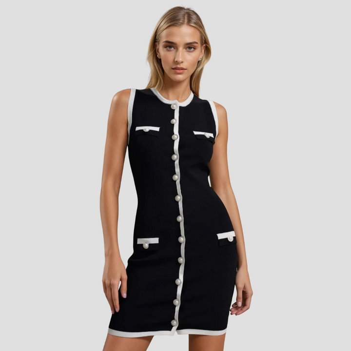 Clarisse πλεκτό φόρεμα χωρίς μανίκια με κουμπιά | Ρετρό κομψότητα και δομημένη εφαρμογή