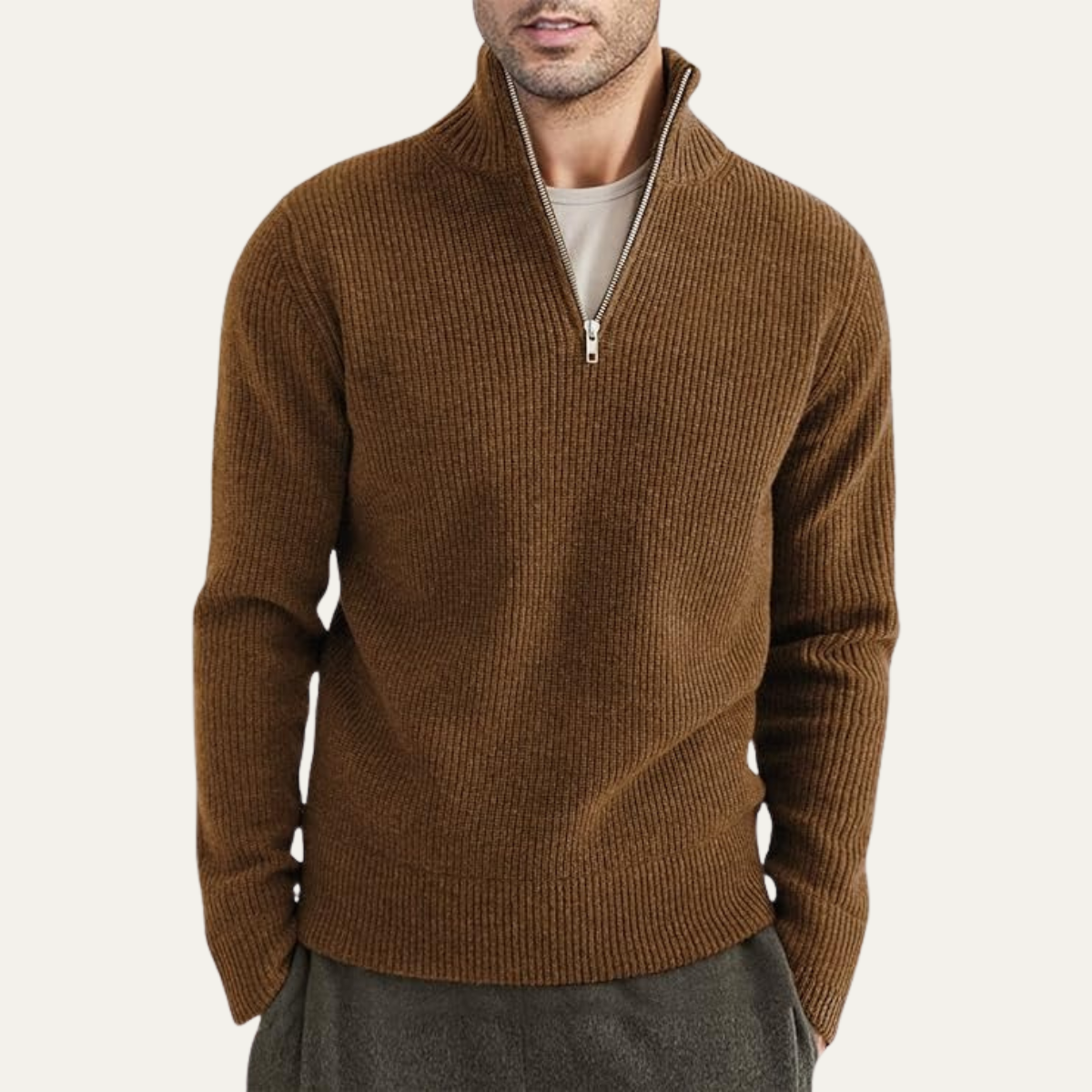 Brun herresweater med lynlås, ribstrikket design, langærmet, moderne herremode, komfortabelt vintertøj, stilfuld og varm trøje til mænd.