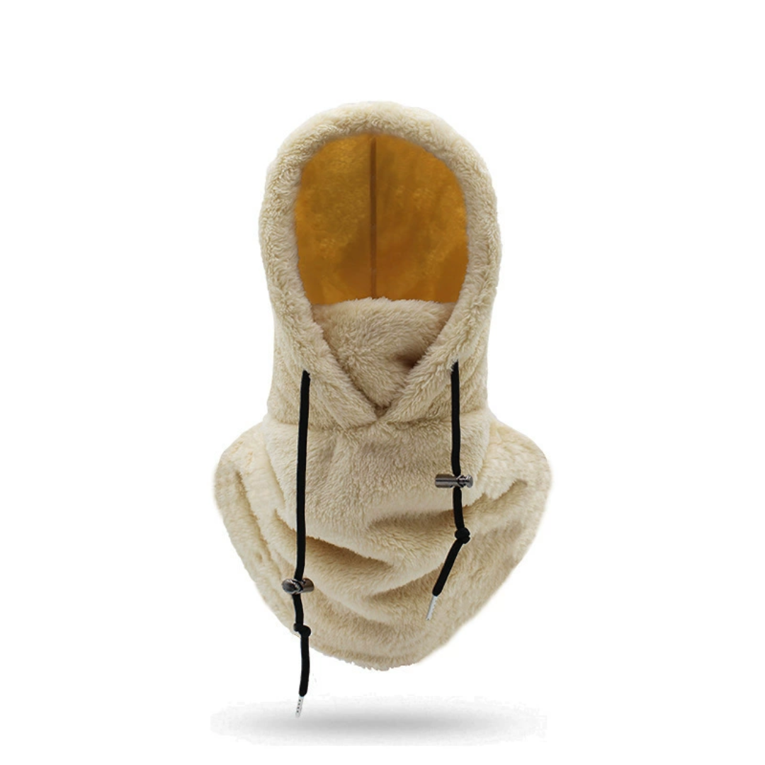 Beige fleece balaclava med justerbare snore, varm og blød, ideel til vinteraktiviteter, udendørs sport og beskyttelse mod kulde.
