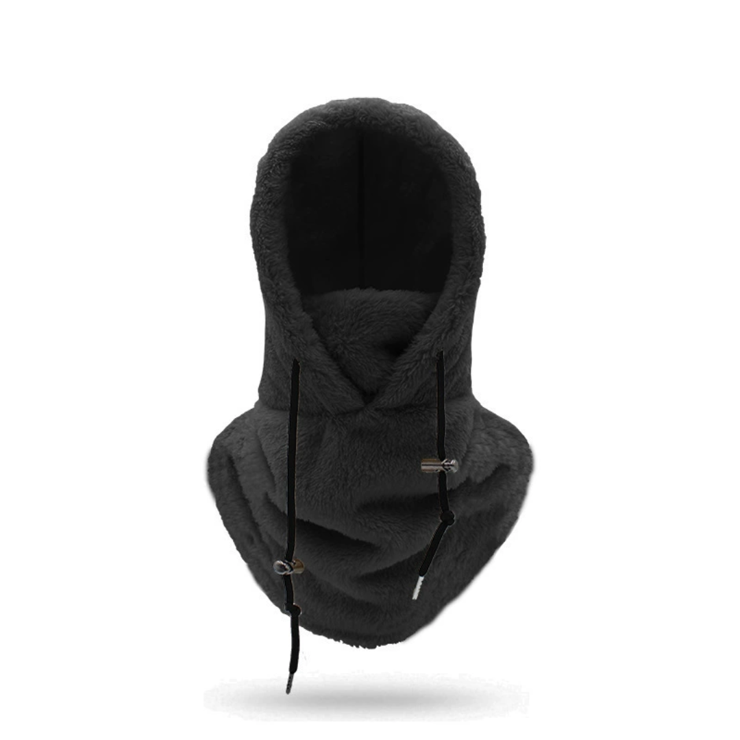 Sort fleece balaclava hætte med justerbare snore, varm og blød vinterhue til udendørs aktiviteter, ideel til koldt vejr og beskyttelse mod vind.