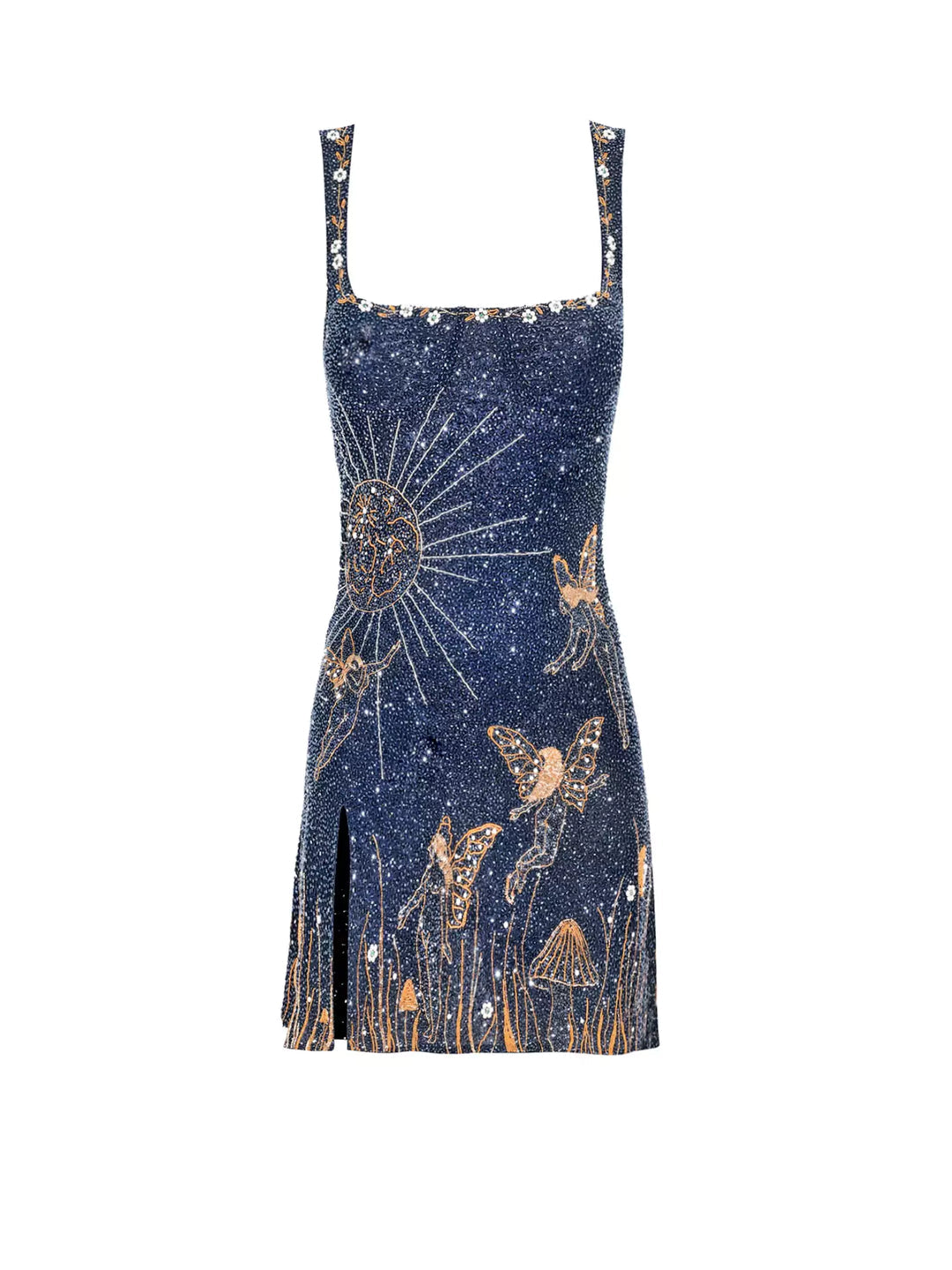 Blå minikjole med firkantet halsudskæring, dekoreret med sol, sommerfugle og svampe i guldglitter. Perfekt til festlige lejligheder.