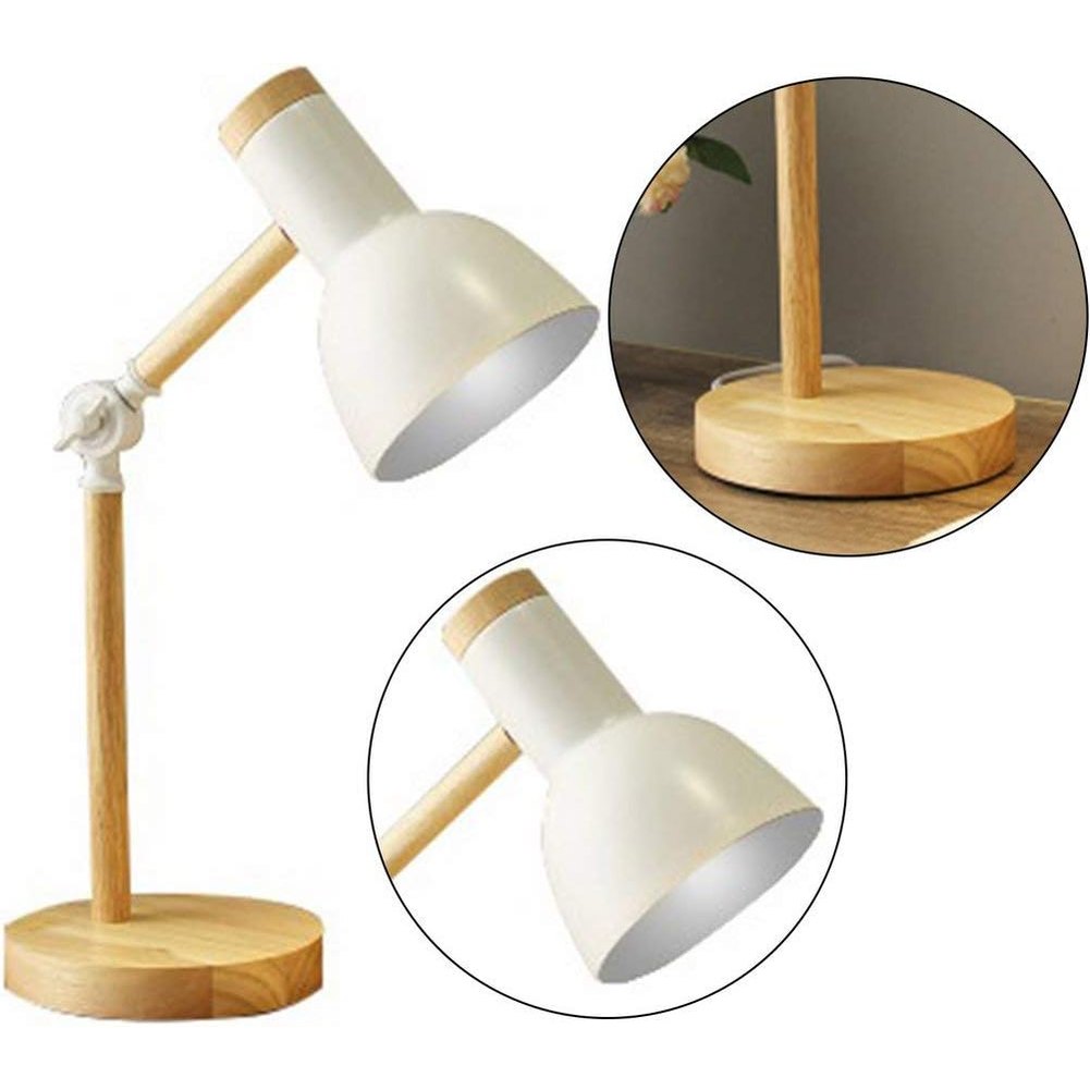 Hvid bordlampe med træbase og justerbar arm, moderne skandinavisk design, ideel til kontor eller studie. Stilfuld belysning til hjemmet.