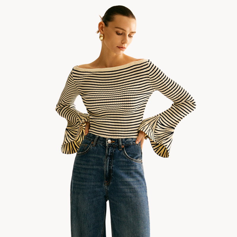 Isalie | Elegant žebrovaný top s odhalenými rameny a průhlednými rukávy | Elegantní & moderní