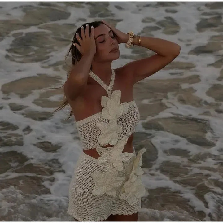 Bloom | Boho πλεκτό καλοκαιρινό φόρεμα για γυναίκες με σχέδιο λουλουδιών - αέρινο και κομψό