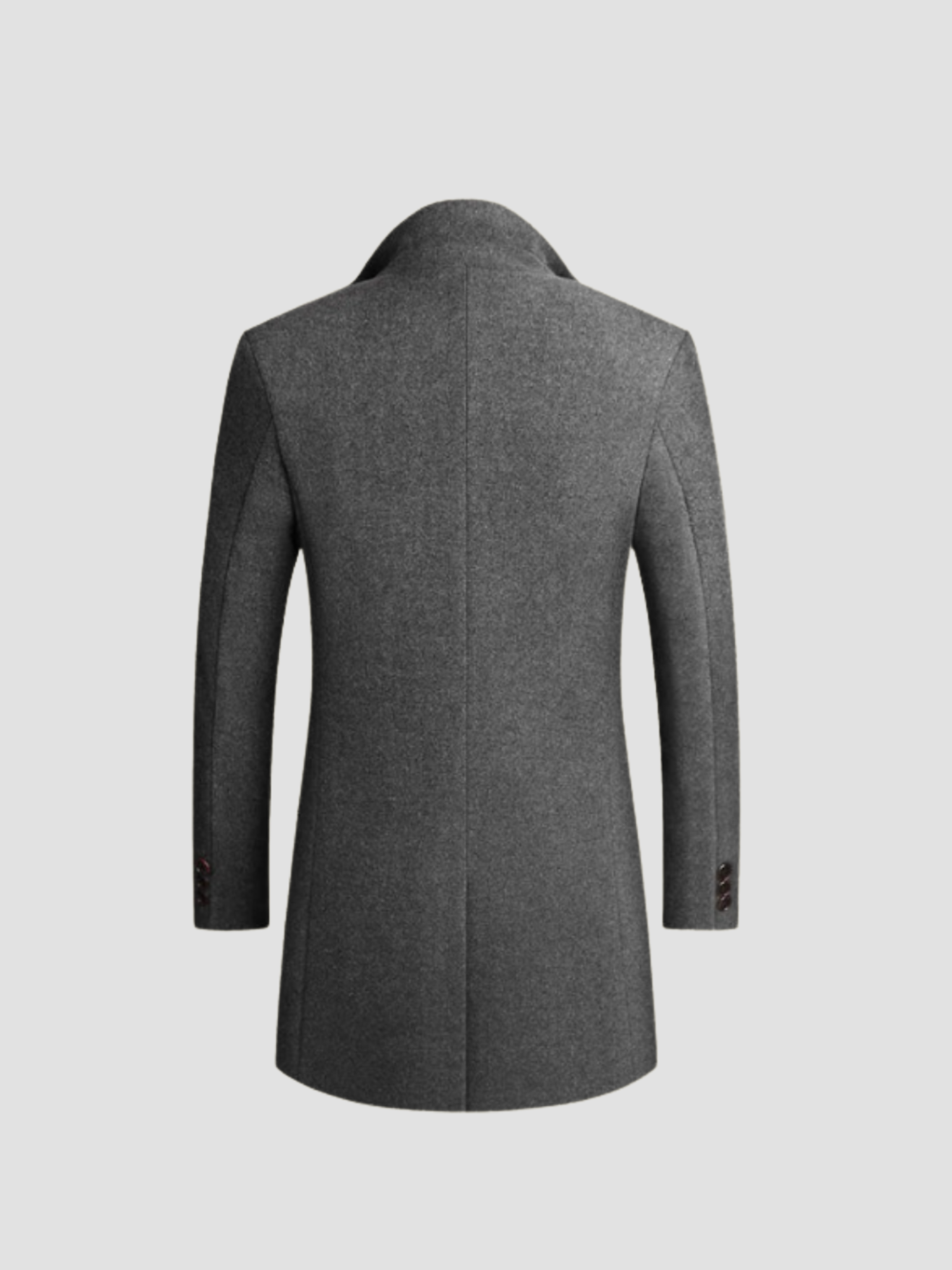 Grå herrefrakke set bagfra, klassisk design, uldmateriale, lange ærmer, knapdetaljer, elegant vinterjakke til mænd, stilfuld og tidløs.